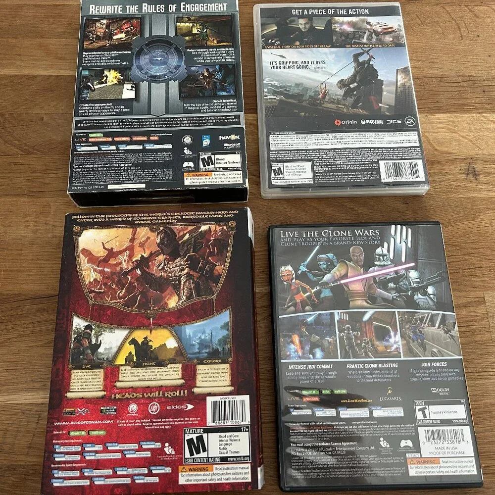4 PC GAMES 2 Sealed Shadowrun, Star Wars CW, Age of Conan, Battlefield Hardline